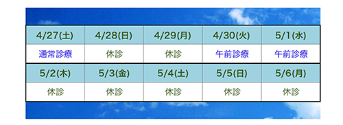 G.W（ゴールデンウィーク）の診療